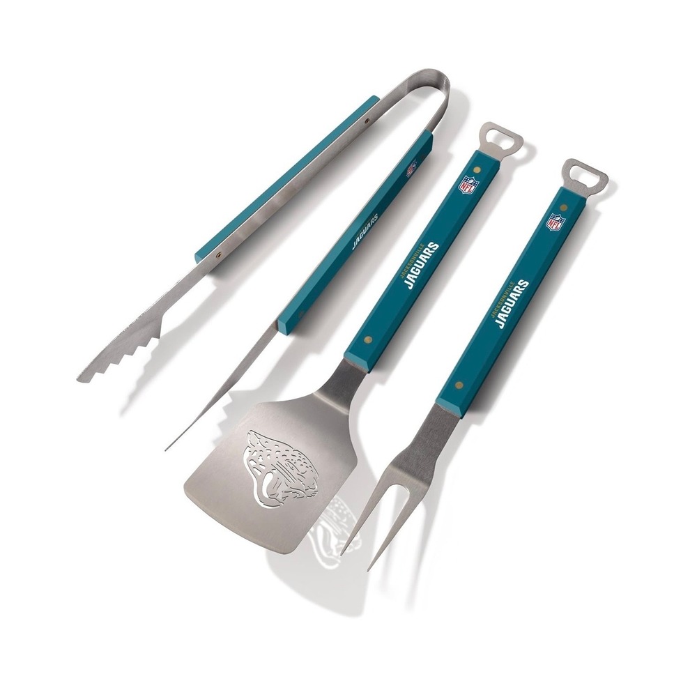 NFL Jacksonville Jaguars 3 Piece BBQ Grill Set Sportula Tongs Fork Teal Silver